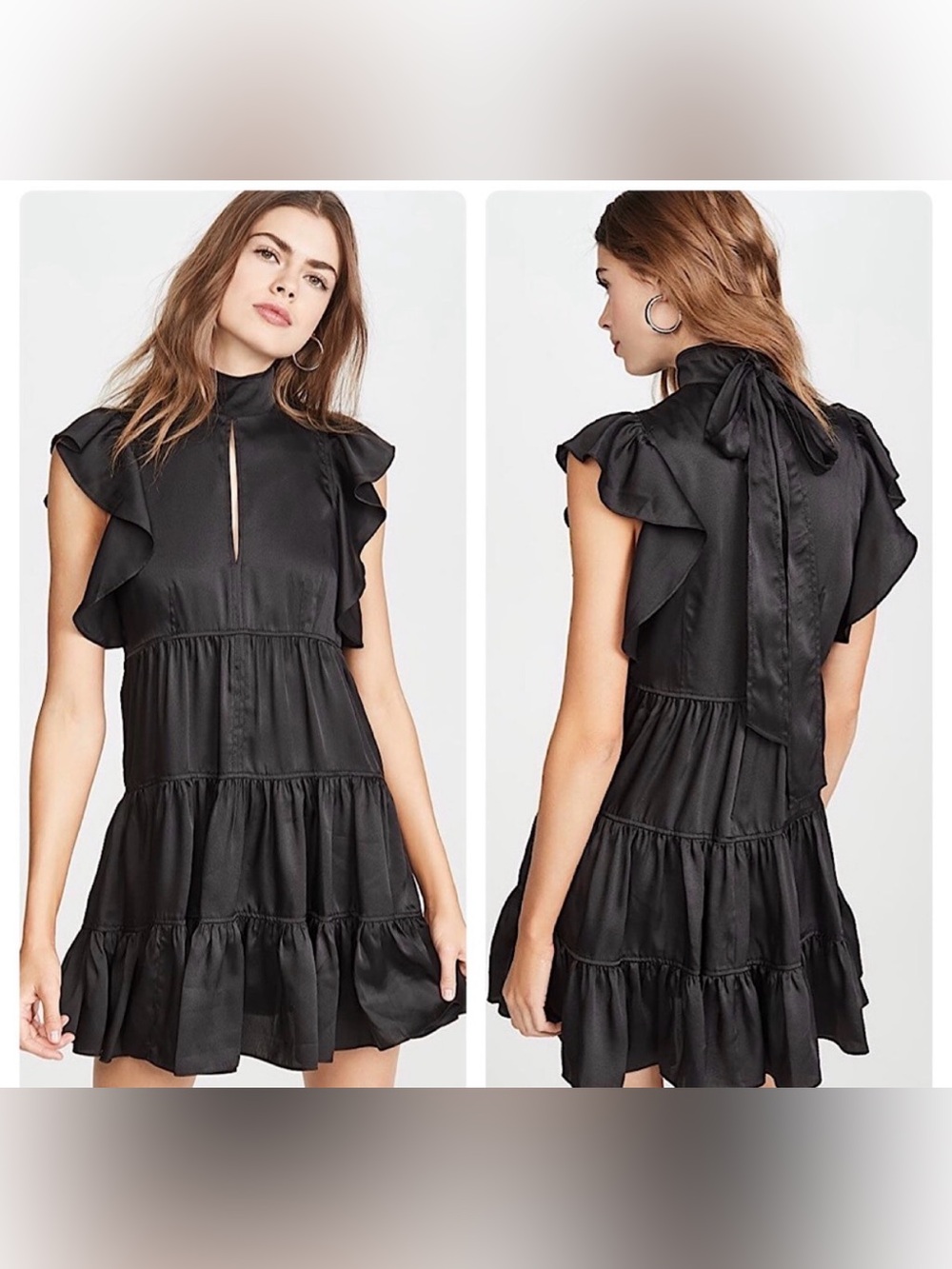 cinq à sept Rebecca, black satin Ruffle Tie-Back Mini Dress